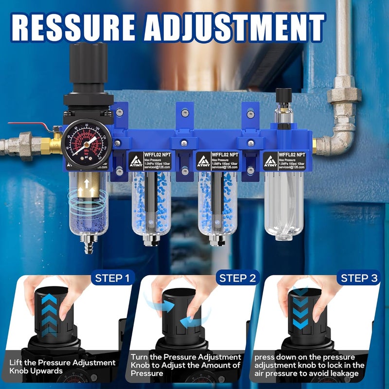 ATINY 1/4"NPT Air Filter Regulator Lubricator Combo, Air Regulator and Water Separator,Air Compressor Water Separator,5 Micron Brass Filter Cartridge,Double Desiccant Dryers-Blue - Image 5